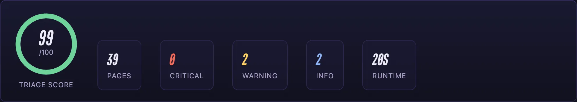 A report header showing a triage score of 99 out of 100, with counts of 39 pages, 0 critical, 2 warning, 2 info, and a 20 second runtime.